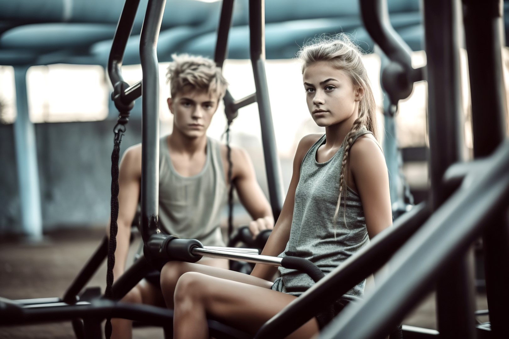 Beautiful teen girl and boy sitting on gym machine outdoors.